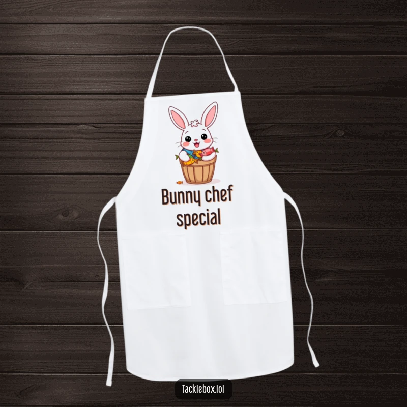 Funny apron with a cheerful bunny beaming proudly with a bucket overflowing with colorful fish.