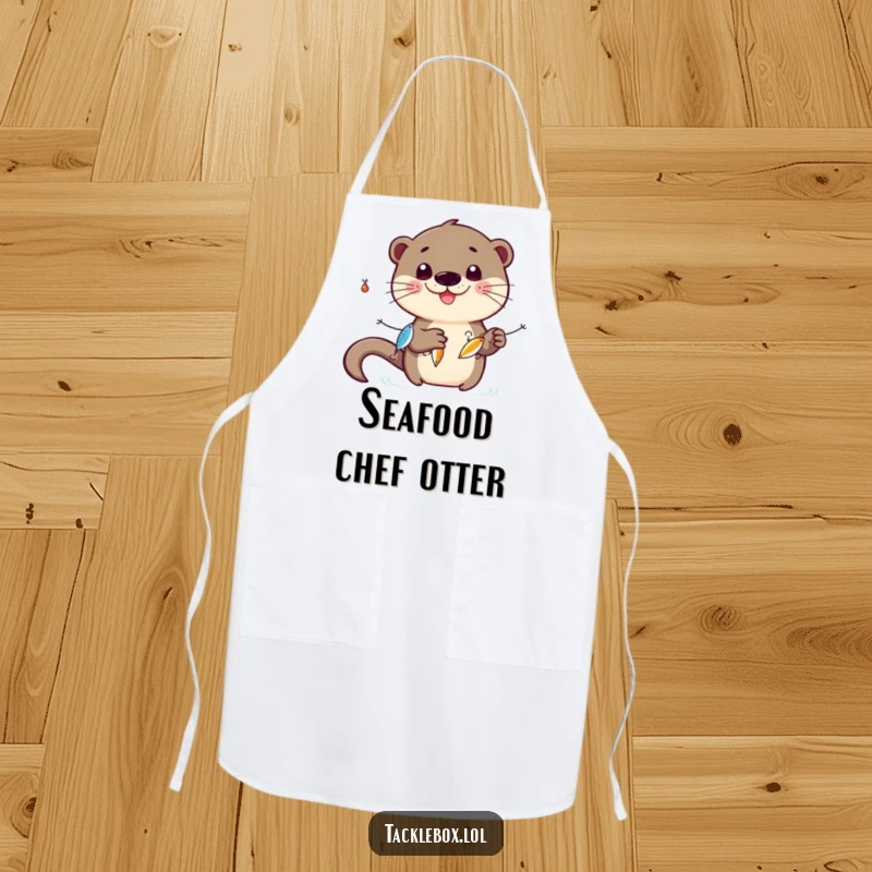 Funny otter apron, smiling character juggling three shiny fishing lures, offering playful humor and kitchen protection.