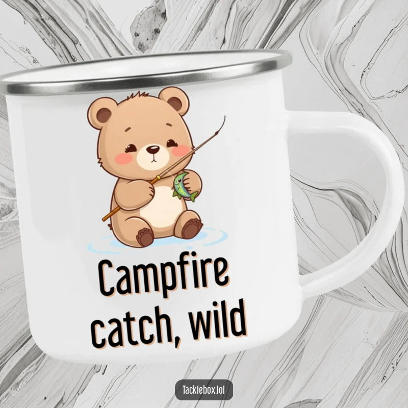Funny bear cub camping mug, cute cub fishing with a tiny rod, perfect for outdoor enjoyment and angler humor.