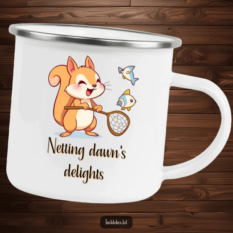 Funny squirrel camping mug, energetic character holding a net, trying to catch a flying fish icon, for outdoor humor.