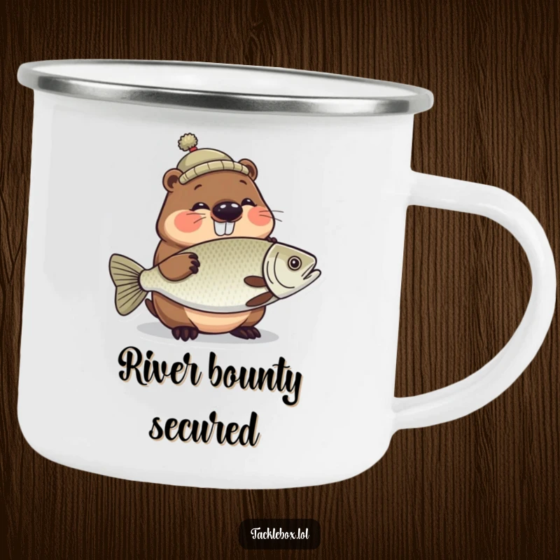 Funny camping mug of a giggling beaver in a tiny hat, proudly holding a large, shiny fish.
