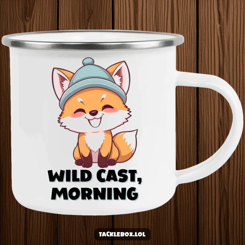 Funny fox cub camping mug, dapper cub wearing a hat, casting a fishing line, perfect for outdoor enjoyment and humor.