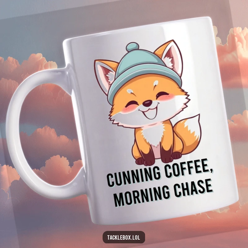 Funny fox cub mug, wearing a hat, determinedly casting a fishing line, capturing a humorous angler's spirit.