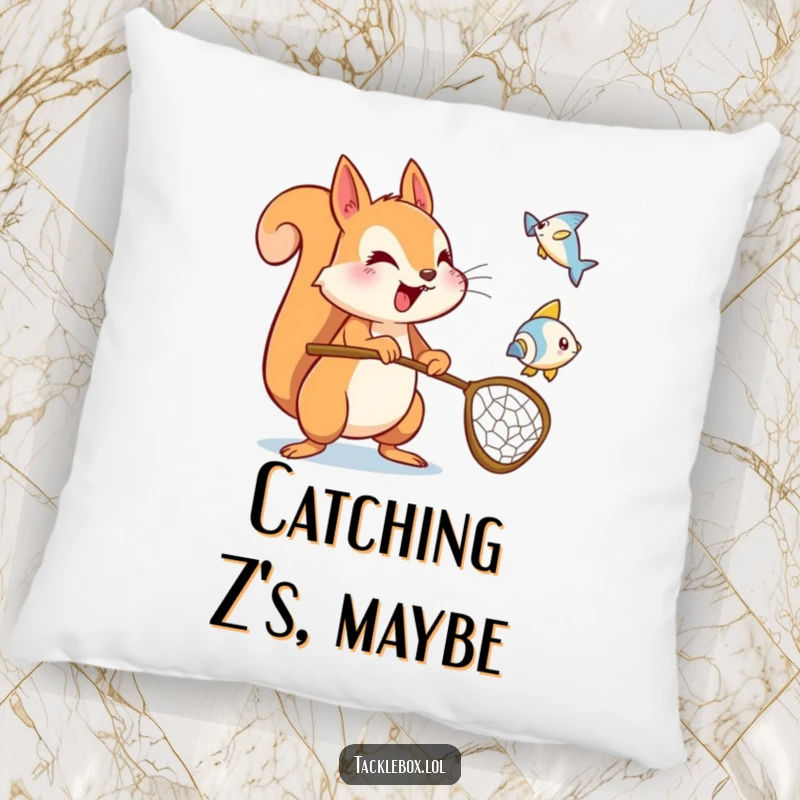Funny squirrel pillow, energetic character holding a net, trying to catch a flying fish icon, offering cozy humor.