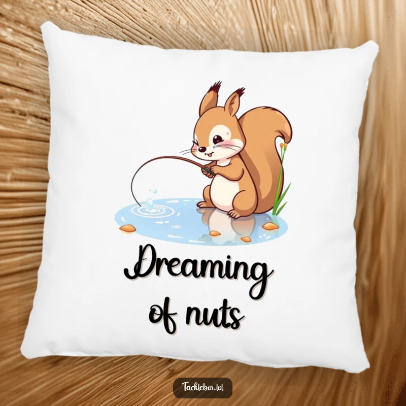 Funny pillow featuring a playful squirrel with a determined expression, casting a fishing line into a sparkling pond.