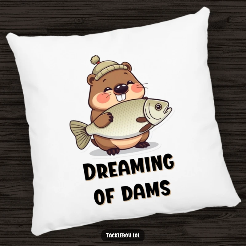 Funny pillow featuring a giggling beaver in a tiny hat, proudly holding a large, shiny fish.
