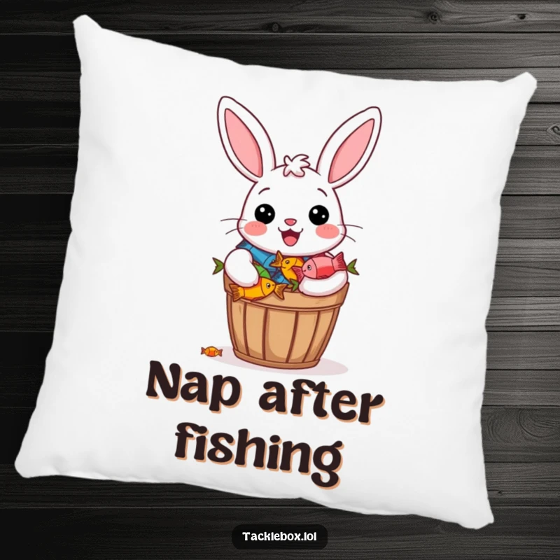 Funny pillow featuring a cheerful bunny beaming proudly with a bucket overflowing with colorful fish.