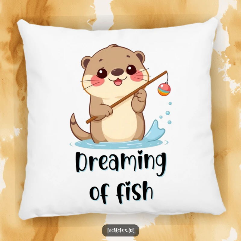 Funny pillow featuring a happy otter holding a fishing rod with a cheerful bobber, splashing water.