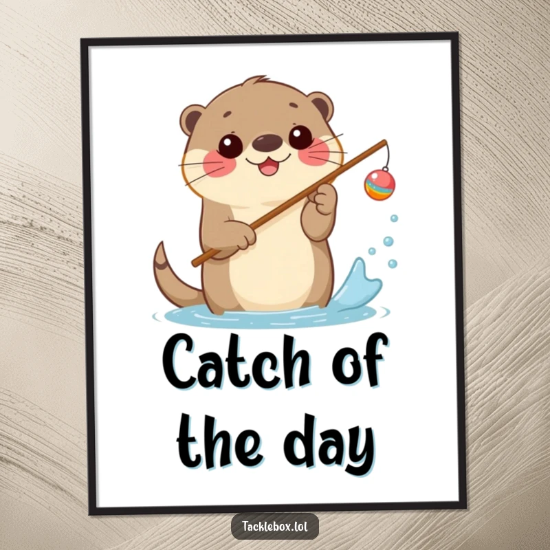 Funny digital art print of a happy otter holding a fishing rod with a cheerful bobber, splashing water.