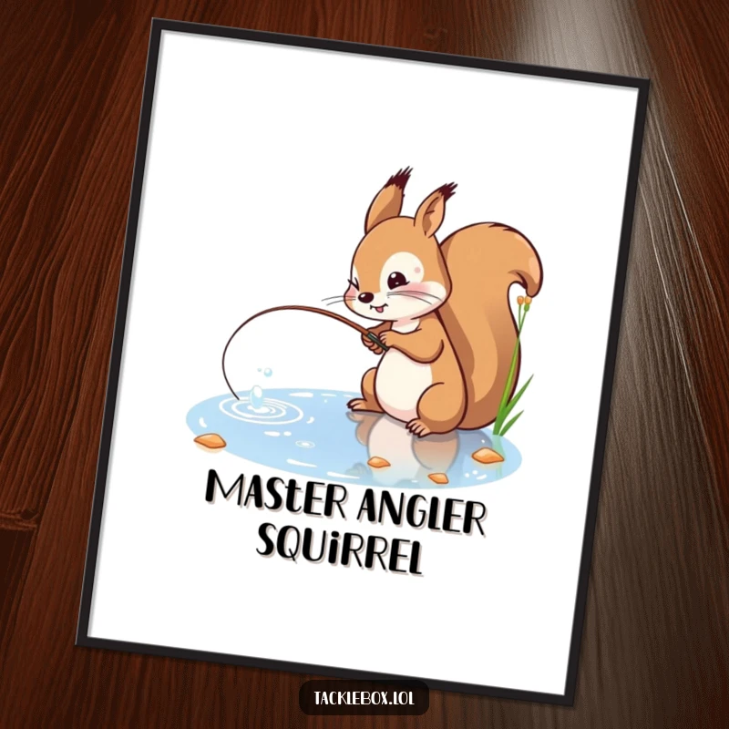 Funny digital art print of a playful squirrel with a determined expression, casting a fishing line into a sparkling pond.