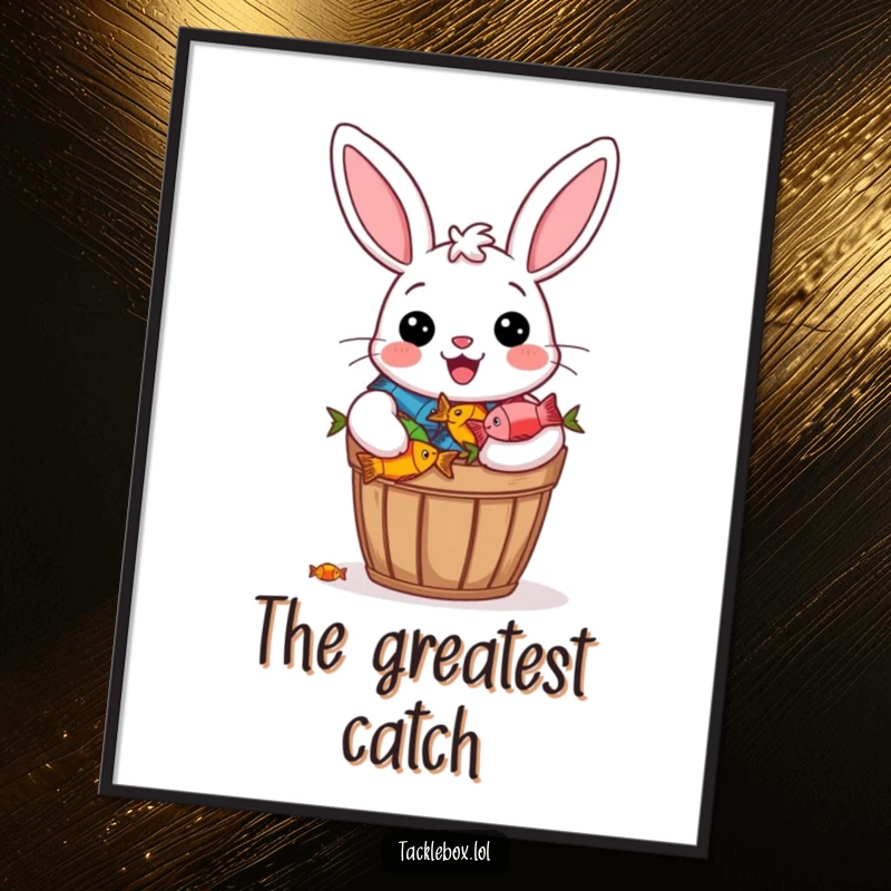 Funny digital art print of a cheerful bunny beaming proudly with a bucket overflowing with colorful fish.