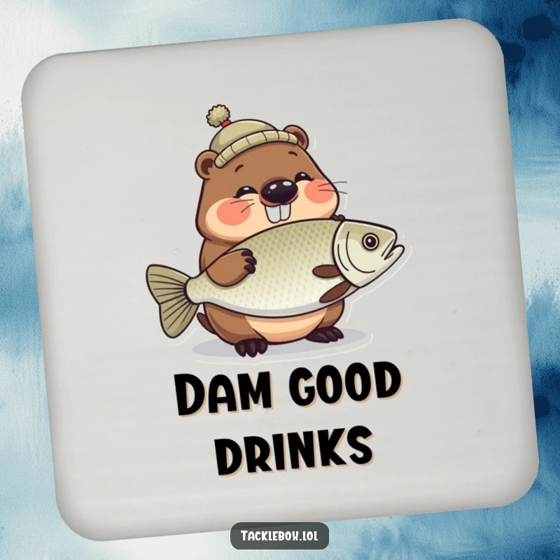 Funny drink coaster with a giggling beaver wearing a tiny hat, proudly holding a large, shiny fish.