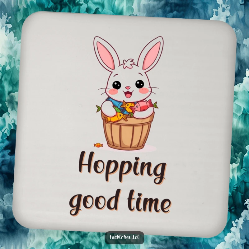 Funny drink coaster with a cheerful bunny beaming proudly with a bucket overflowing with colorful fish.