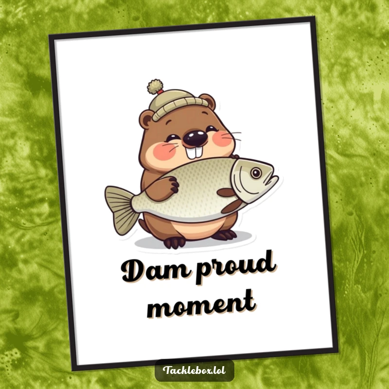 Funny poster of a giggling beaver wearing a tiny hat, proudly holding a large, shiny fish.