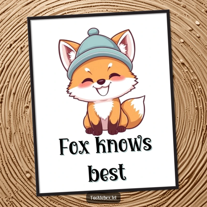 Funny fox cub poster, wearing a hat, determinedly casting a fishing line, adding dapper humor and artistic charm.