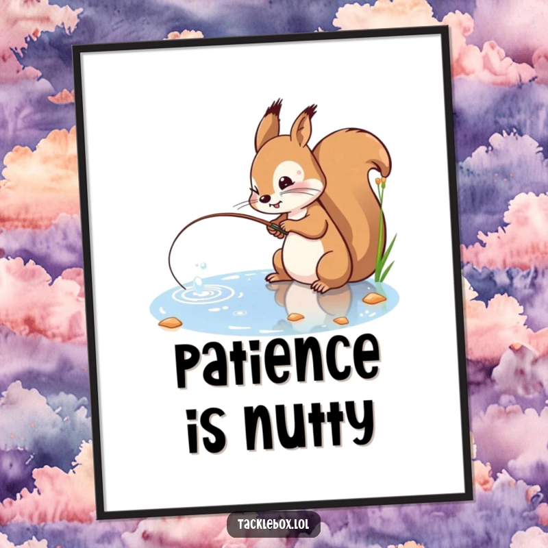 Funny poster of a playful squirrel with a determined expression, casting a line into a sparkling pond.