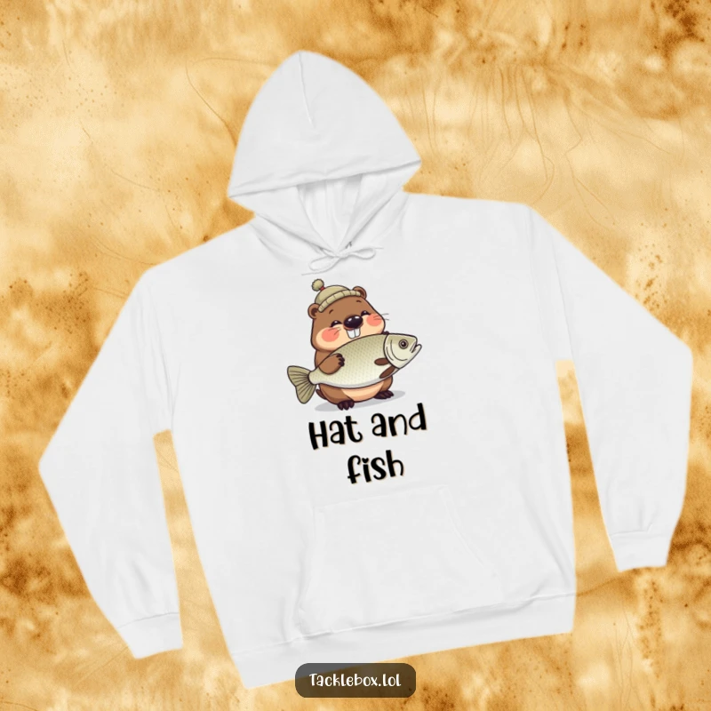 Funny hoodie featuring a giggling beaver wearing a tiny hat and proudly holding a large, shiny fish.