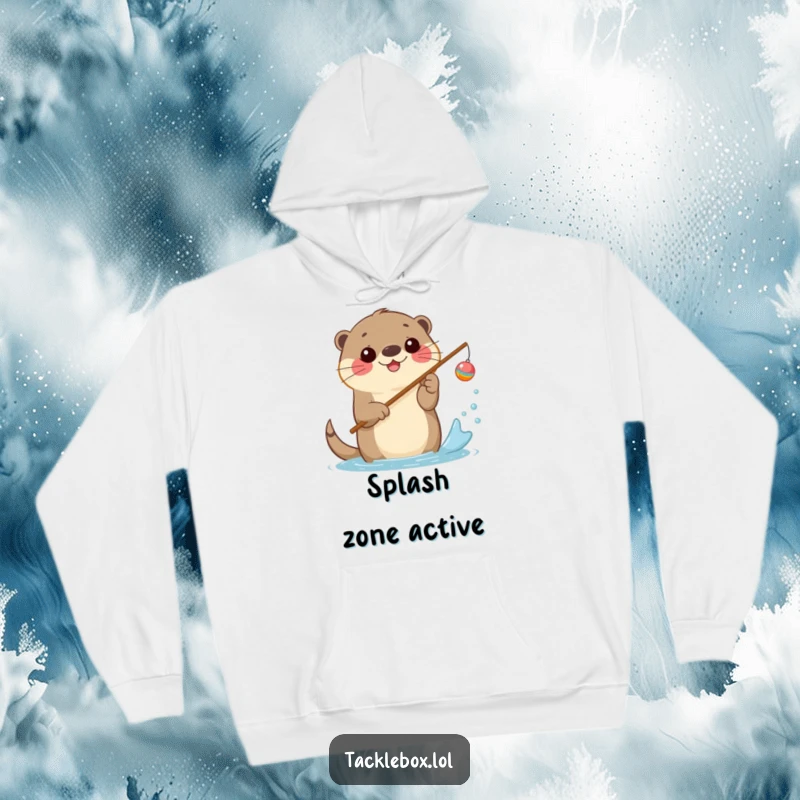 Funny hoodie depicting a happy otter holding a fishing rod with a cheerful bobber, splashing water.