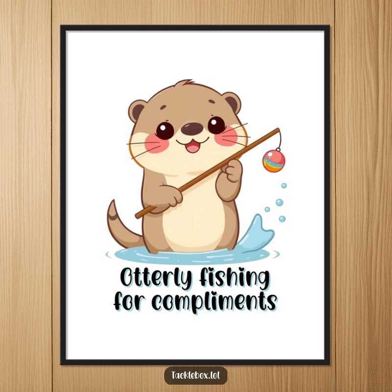 Funny Free Printable Wall Art: Happy otter with fishing rod and bobber cheerfully splashes water, bringing joy to any space.
