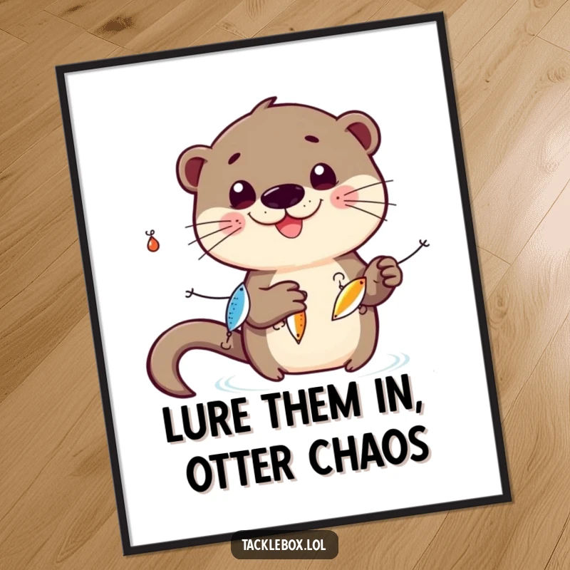 Funny Free Printable Wall Art: A smiling otter character juggles three small, shiny fishing lures.