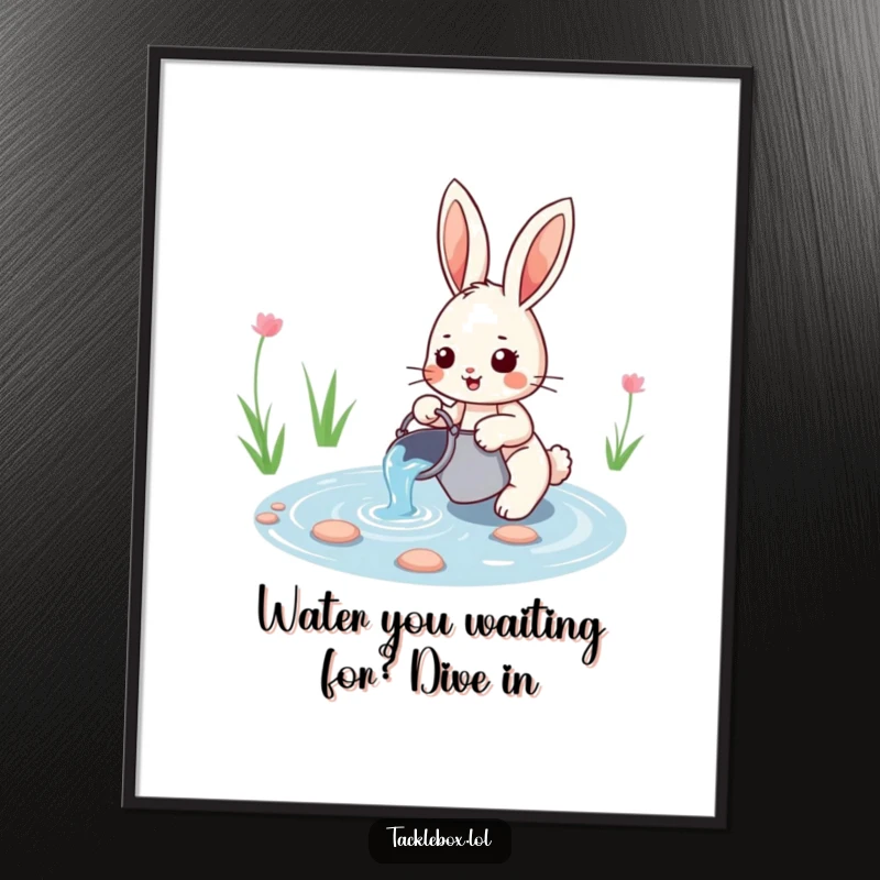Funny Free Printable Wall Art: A playful rabbit with a bucket happily scoops water from a pond.