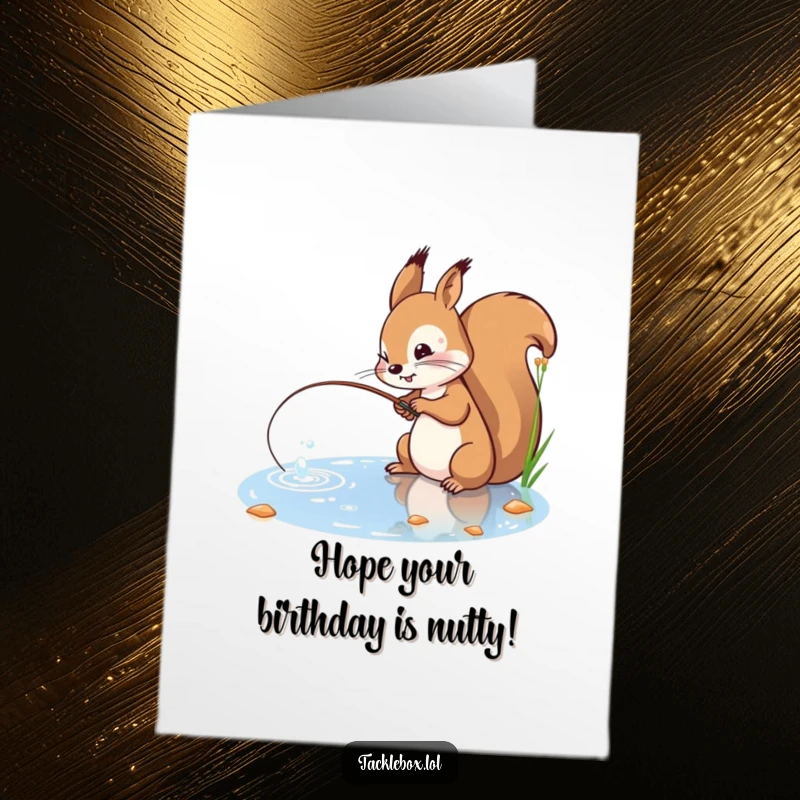 Funny Free Printable Birthday Card: Playful squirrel with determined expression casts a fishing line into a sparkling pond, celebrating.