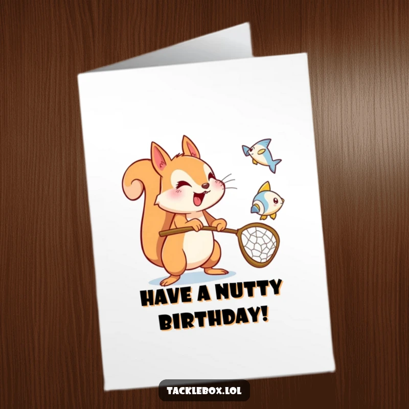 Funny Free Printable Birthday Card: An energetic squirrel excitedly uses a net to catch a flying fish icon.