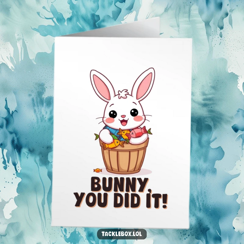 Funny Free Printable Congratulations Card: Cheerful bunny beaming proudly holds a bucket overflowing with colorful fish, celebrating success.