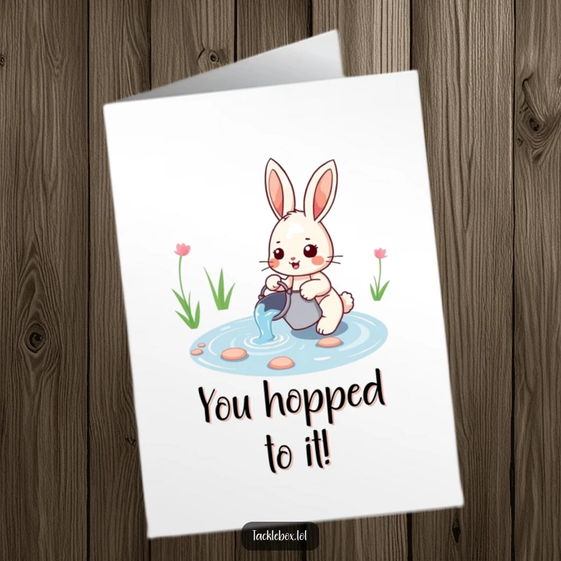 Funny Free Printable Congrats Card: A happy rabbit joyfully scoops water from a pond with a bucket.