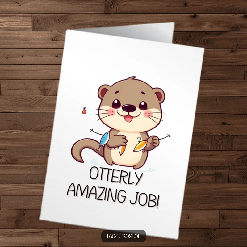 Funny Free Printable Congrats Card: A smiling otter skillfully juggles three small, shiny fishing lures.