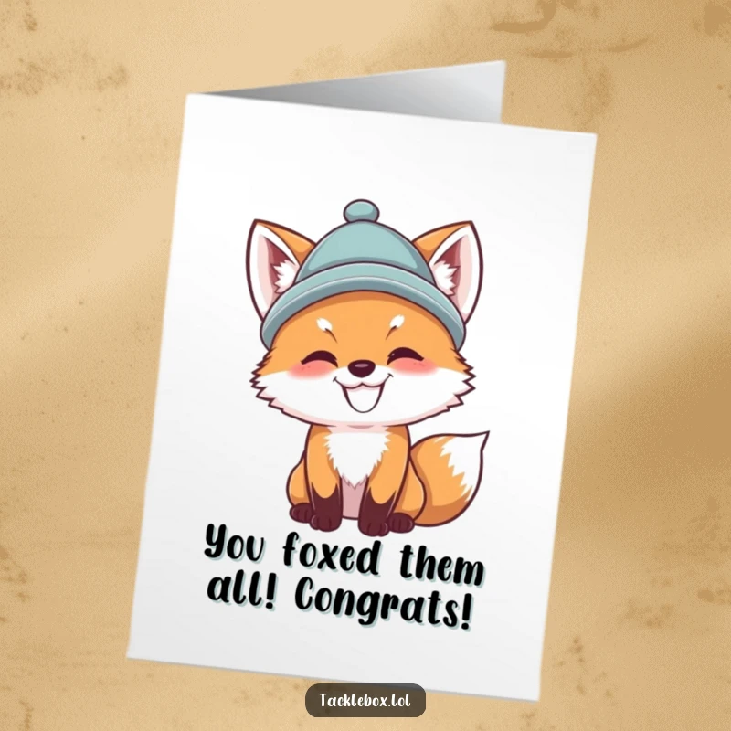 Funny Free Printable Congrats Card: A grinning fox cub wearing a hat casts a fishing line with determination.