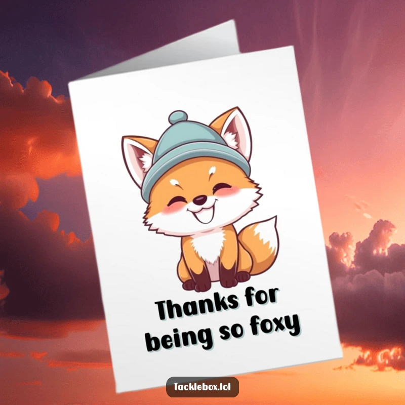 Funny Free Printable Thank You Card: A determined fox cub in a hat casts out his fishing line.