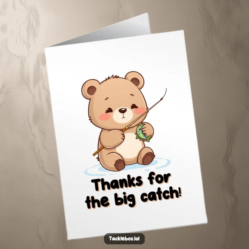 Funny Free Printable Thank You Card: A cute bear cub proudly holds up a shimmering fish he caught.