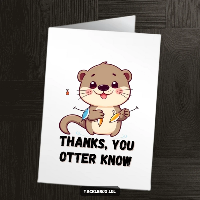 Funny Free Printable Thank You Card: A smiling otter juggles three small, shiny fishing lures with ease.