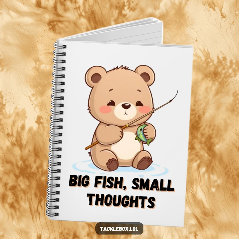Funny bear cub notebook, cute cub reeling in a fish, perfect for capturing notes with a touch of angler humor.