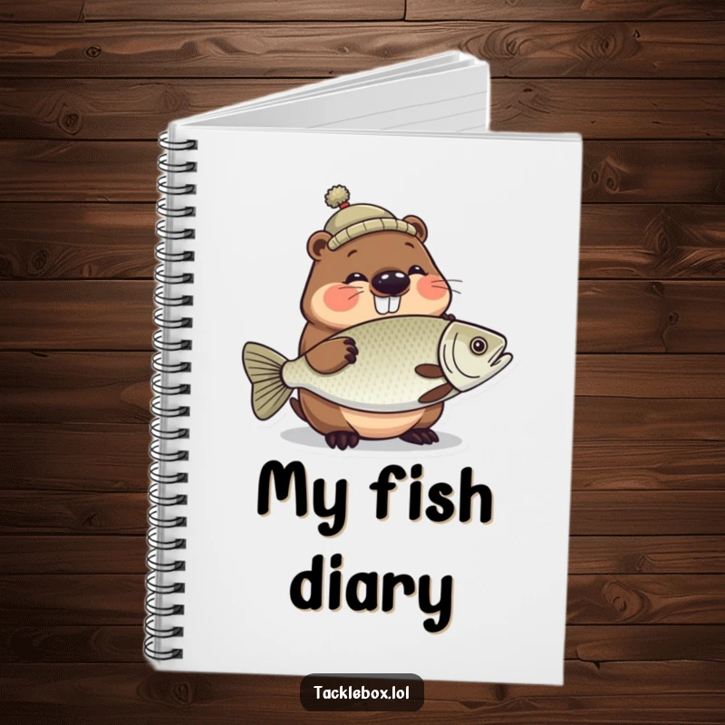Funny notebook displaying a giggling beaver wearing a tiny hat, proudly holding a large, shiny fish.