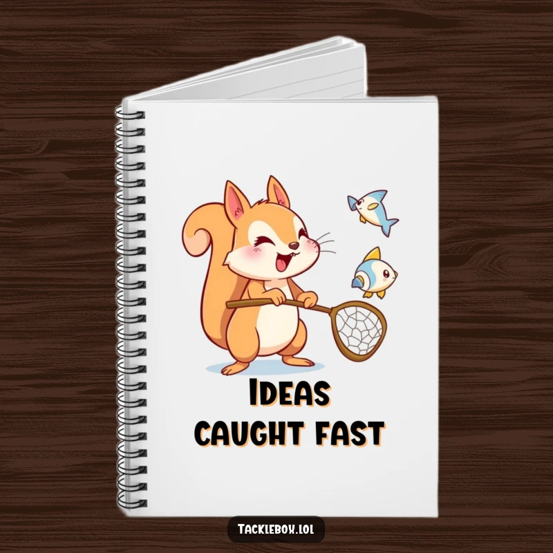 Funny squirrel notebook, energetic character holding a net, trying to catch a flying fish icon, ideal for notes.
