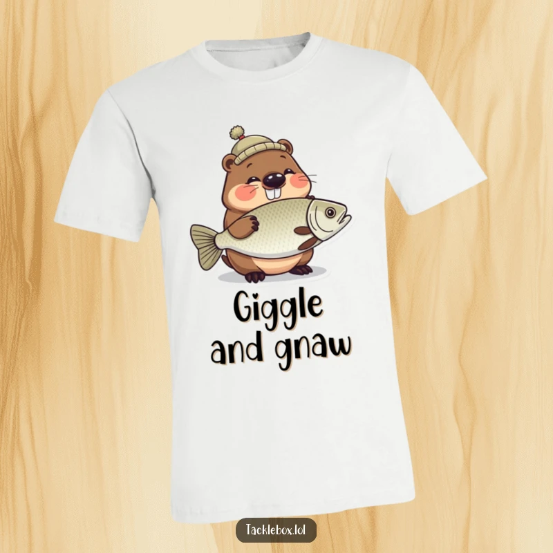 Funny t-shirt of a giggling beaver in a tiny hat, proudly holding a large, shiny fish.