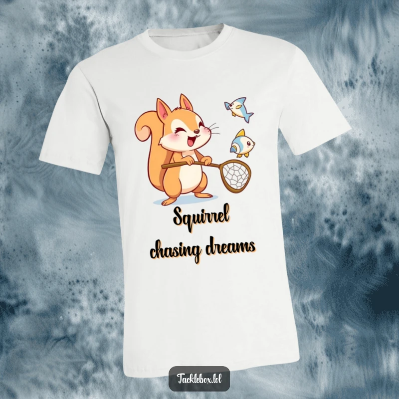 Funny squirrel t-shirt, energetic character holding a net, excitedly trying to catch a flying fish icon with humor.