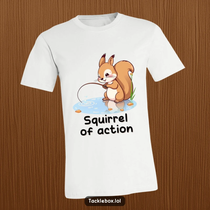 Funny t-shirt of a playful squirrel with a determined expression, casting a line into a sparkling pond.
