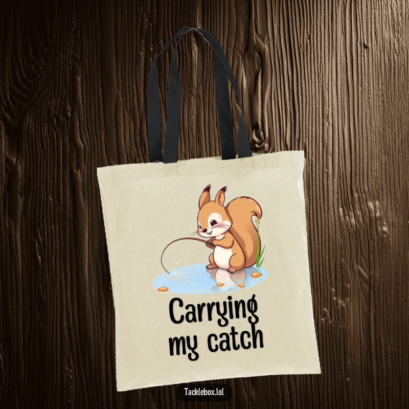 Funny tote bag showing a playful squirrel with a determined expression, casting a fishing line into a sparkling pond.