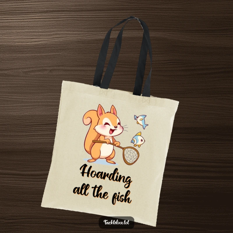 Funny squirrel tote bag, energetic character holding a net, trying to catch a flying fish icon, for humorous carrying.